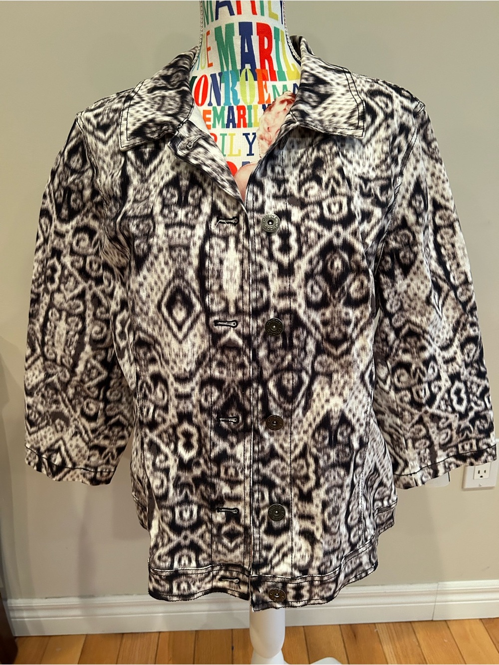 Chico's Black and White Patterned Button-Front Jean Jacket